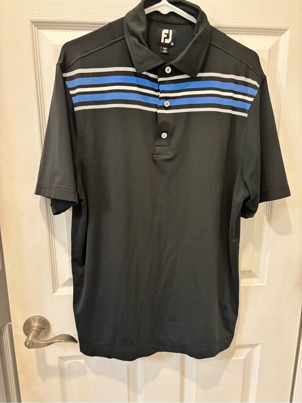 FootJoy Black Golf Polo with Blue and White Chest Stripes